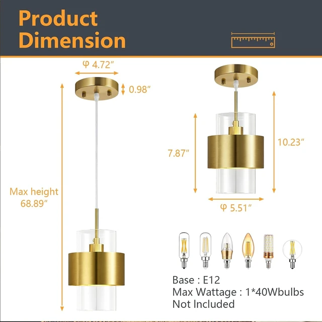 Alt view image 2 of 7 - Modern Gold Pendant Lighting Indoor Kitchen Island Pendant Light Glass Shade Ceiling Light Fixtures for Bedroom Dining Room Living Room(1Pack)