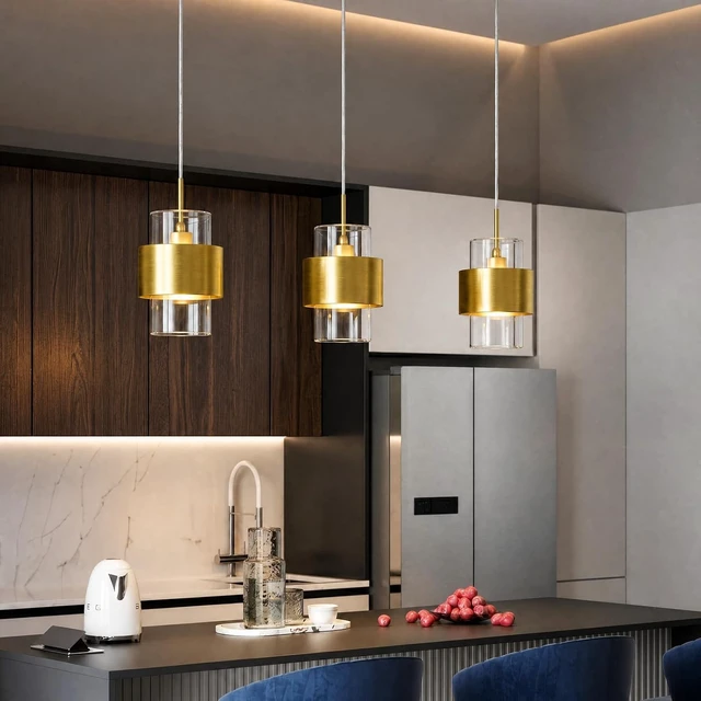 Alt view image 5 of 7 - Modern Gold Pendant Lighting Indoor Kitchen Island Pendant Light Glass Shade Ceiling Light Fixtures for Bedroom Dining Room Living Room(1Pack)