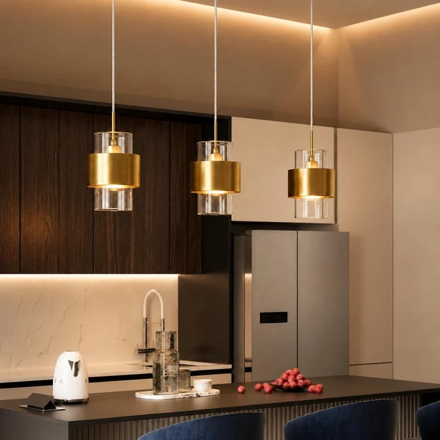 Alt view image 6 of 7 - Modern Gold Pendant Lighting Indoor Kitchen Island Pendant Light Glass Shade Ceiling Light Fixtures for Bedroom Dining Room Living Room(1Pack)
