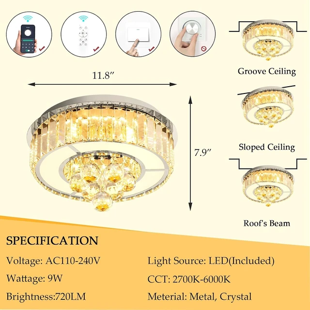 Alt view image 3 of 7 - 11.8" Silver Modern Crystal Chandeliers for Dining Room LED Dimmable Light Fixtures Flush Mount Light Living Room Bedrooms