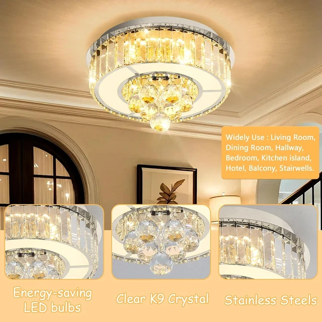 Alt view image 6 of 7 - 11.8" Silver Modern Crystal Chandeliers for Dining Room LED Dimmable Light Fixtures Flush Mount Light Living Room Bedrooms