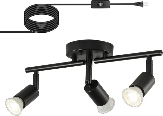 Main image of Plug in Track Lighting,Plug in Ceiling Light Fixture,Balck 3 Light Track Light with 16.4' Long Cord,3 Way Ceiling Spotlight,Rotatable,GU10 Base