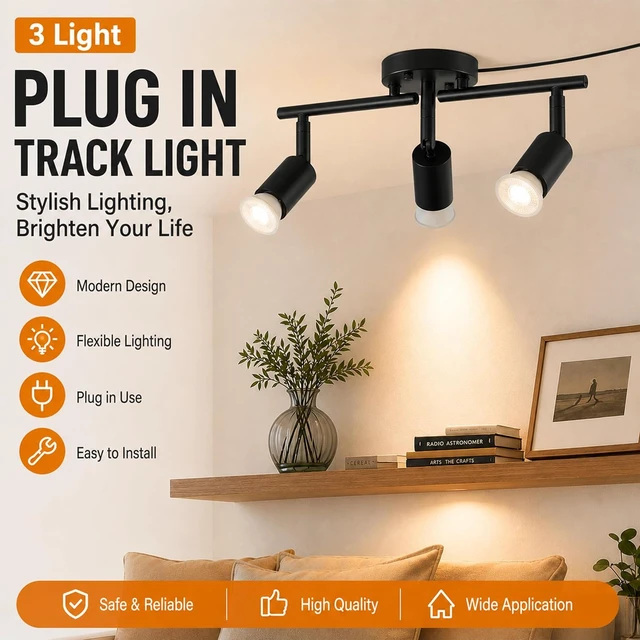 Alt view image 2 of 7 - Plug in Track Lighting,Plug in Ceiling Light Fixture,Balck 3 Light Track Light with 16.4' Long Cord,3 Way Ceiling Spotlight,Rotatable,GU10 Base