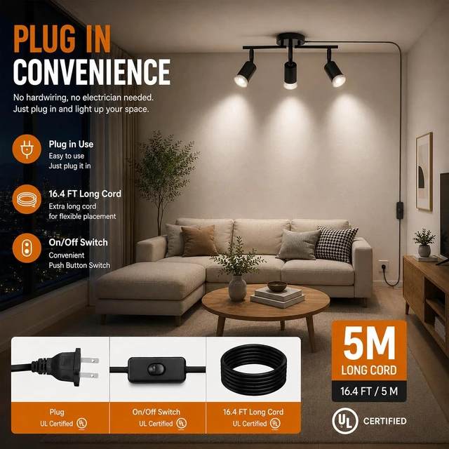 Alt view image 3 of 7 - Plug in Track Lighting,Plug in Ceiling Light Fixture,Balck 3 Light Track Light with 16.4' Long Cord,3 Way Ceiling Spotlight,Rotatable,GU10 Base