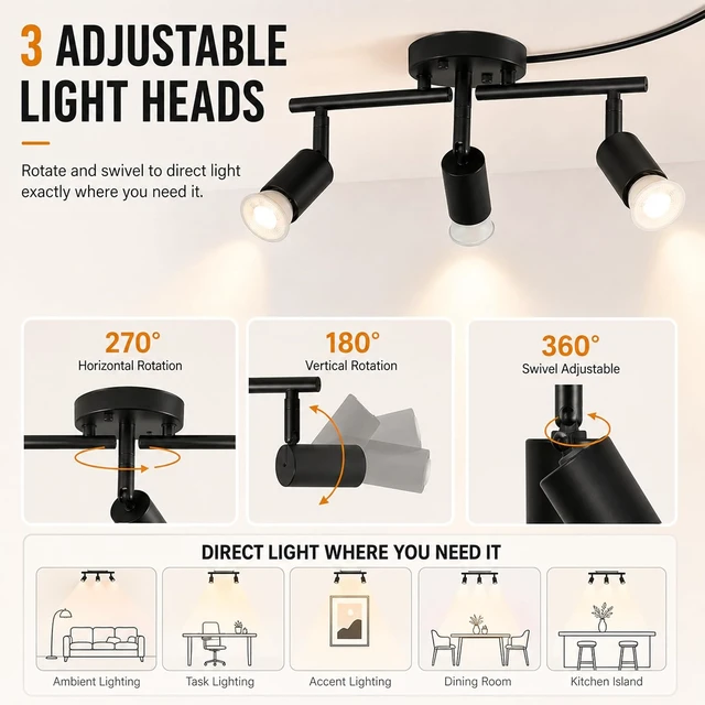 Alt view image 4 of 7 - Plug in Track Lighting,Plug in Ceiling Light Fixture,Balck 3 Light Track Light with 16.4' Long Cord,3 Way Ceiling Spotlight,Rotatable,GU10 Base