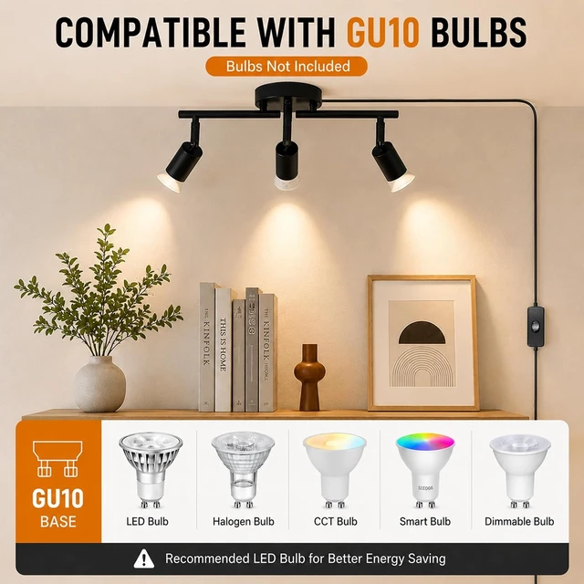 Alt view image 5 of 7 - Plug in Track Lighting,Plug in Ceiling Light Fixture,Balck 3 Light Track Light with 16.4' Long Cord,3 Way Ceiling Spotlight,Rotatable,GU10 Base