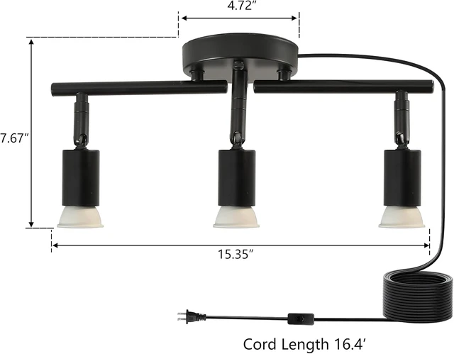 Alt view image 6 of 7 - Plug in Track Lighting,Plug in Ceiling Light Fixture,Balck 3 Light Track Light with 16.4' Long Cord,3 Way Ceiling Spotlight,Rotatable,GU10 Base