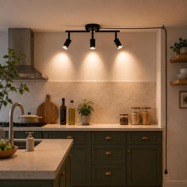 Alt view image 7 of 7 - Plug in Track Lighting,Plug in Ceiling Light Fixture,Balck 3 Light Track Light with 16.4' Long Cord,3 Way Ceiling Spotlight,Rotatable,GU10 Base