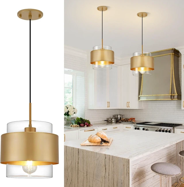 Main image of 9.8" Gold Pendant Lights Kitchen Island, Farmhouse Pendant Lighting with Clear Glass Shade, Industrial Hanging Pendant Lights Fixture for Kitchen Island Dining Room Hallway