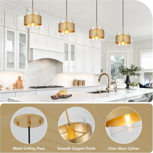 Alt view image 2 of 7 - 9.8" Gold Pendant Lights Kitchen Island, Farmhouse Pendant Lighting with Clear Glass Shade, Industrial Hanging Pendant Lights Fixture for Kitchen Island Dining Room Hallway