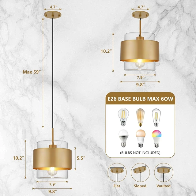 Alt view image 3 of 7 - 9.8" Gold Pendant Lights Kitchen Island, Farmhouse Pendant Lighting with Clear Glass Shade, Industrial Hanging Pendant Lights Fixture for Kitchen Island Dining Room Hallway