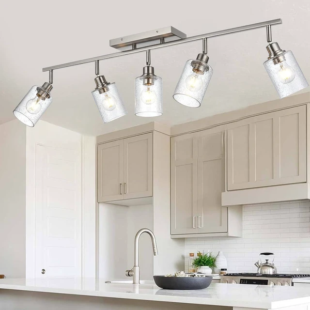 Main image of Kitchen Lighting Fixtures Ceiling 5 Light Track Lighting Kit Modern Ceiling Spot Lights Brushed Nickel Wall Mount Seeded Glass Vanity Light Track Light Fixtures Ceiling Rotatable Light Heads