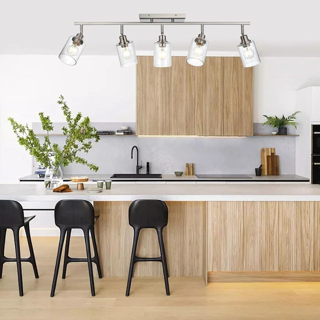Alt view image 5 of 7 - Kitchen Lighting Fixtures Ceiling 5 Light Track Lighting Kit Modern Ceiling Spot Lights Brushed Nickel Wall Mount Seeded Glass Vanity Light Track Light Fixtures Ceiling Rotatable Light Heads