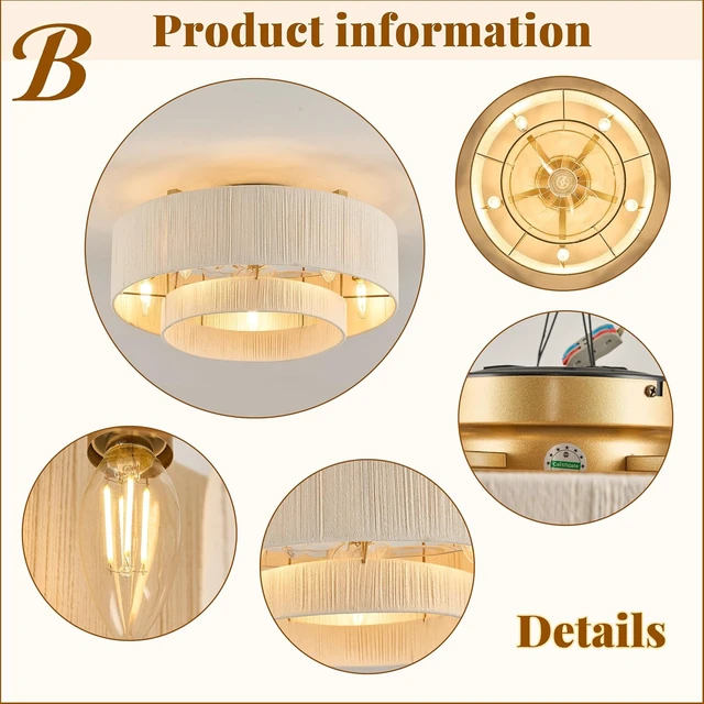 Alt view image 2 of 7 - 20" Boho Fandelier Ceiling Fan with Light and Remote, Gold Ceiling Fan with White Hand Woven Rattan, Flush Mount Low Profile Fan for Bedroom Living Room Kitchen, Reversible & Quiet