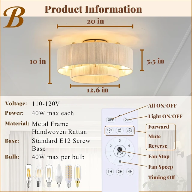 Alt view image 3 of 7 - 20" Boho Fandelier Ceiling Fan with Light and Remote, Gold Ceiling Fan with White Hand Woven Rattan, Flush Mount Low Profile Fan for Bedroom Living Room Kitchen, Reversible & Quiet