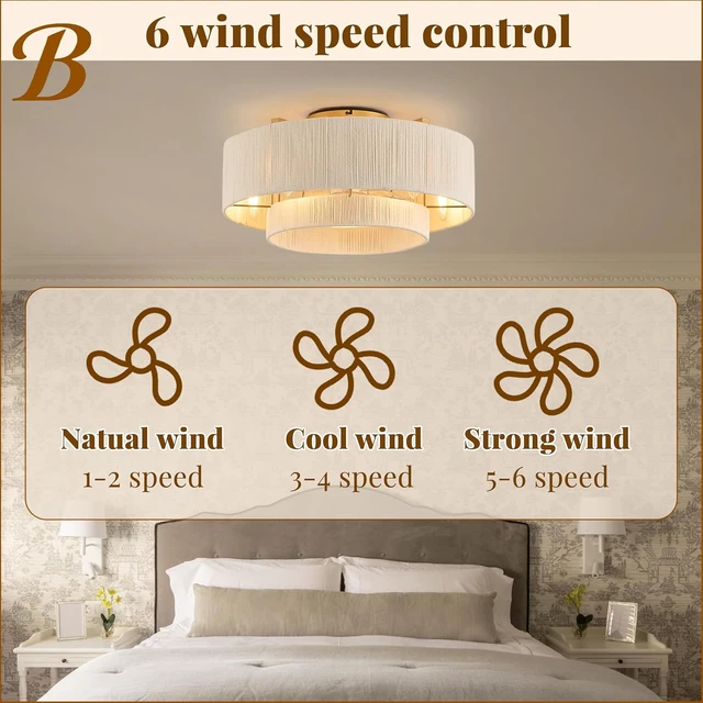Alt view image 4 of 7 - 20" Boho Fandelier Ceiling Fan with Light and Remote, Gold Ceiling Fan with White Hand Woven Rattan, Flush Mount Low Profile Fan for Bedroom Living Room Kitchen, Reversible & Quiet