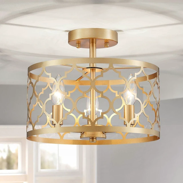 Main image of WUZUPS Chandelier 3-Light Vintage Farmhouse Semi-Flush Mount Ceiling Light Lighting Fixture for Foyer Bedroom Hallway Storage Room Kitchen Bathroom, H 9.8" x W 12.4", E12 Base, Gold