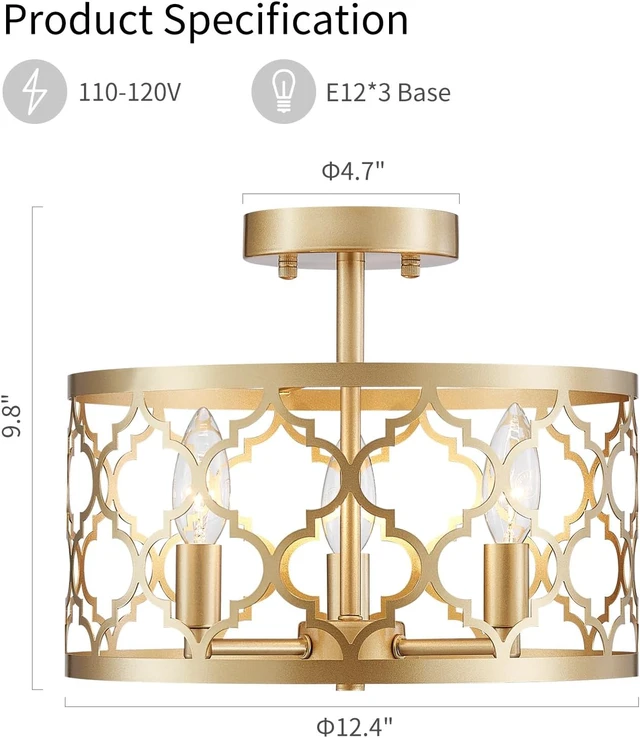 Alt view image 2 of 7 - WUZUPS Chandelier 3-Light Vintage Farmhouse Semi-Flush Mount Ceiling Light Lighting Fixture for Foyer Bedroom Hallway Storage Room Kitchen Bathroom, H 9.8" x W 12.4", E12 Base, Gold