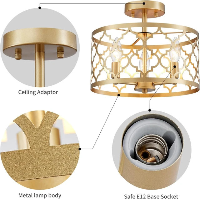 Alt view image 3 of 7 - WUZUPS Chandelier 3-Light Vintage Farmhouse Semi-Flush Mount Ceiling Light Lighting Fixture for Foyer Bedroom Hallway Storage Room Kitchen Bathroom, H 9.8" x W 12.4", E12 Base, Gold