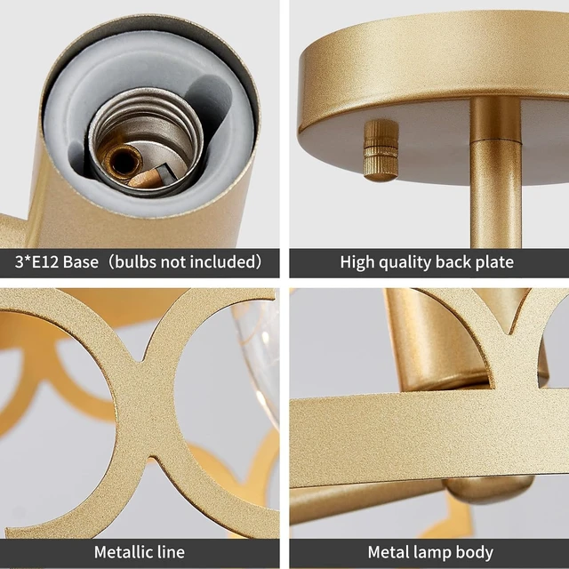 Alt view image 5 of 7 - WUZUPS Chandelier 3-Light Vintage Farmhouse Semi-Flush Mount Ceiling Light Lighting Fixture for Foyer Bedroom Hallway Storage Room Kitchen Bathroom, H 9.8" x W 12.4", E12 Base, Gold