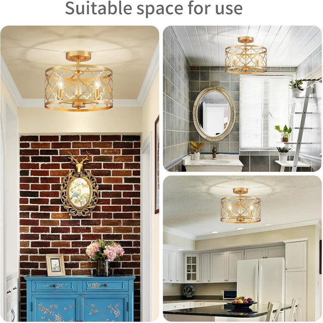 Alt view image 6 of 7 - WUZUPS Chandelier 3-Light Vintage Farmhouse Semi-Flush Mount Ceiling Light Lighting Fixture for Foyer Bedroom Hallway Storage Room Kitchen Bathroom, H 9.8" x W 12.4", E12 Base, Gold