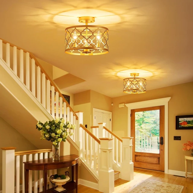 Alt view image 7 of 7 - WUZUPS Chandelier 3-Light Vintage Farmhouse Semi-Flush Mount Ceiling Light Lighting Fixture for Foyer Bedroom Hallway Storage Room Kitchen Bathroom, H 9.8" x W 12.4", E12 Base, Gold