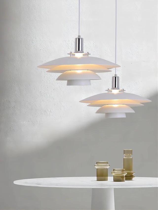 Alt view image 4 of 7 - FCTWAKS Mid Century Modern Pendant Light, 15" Nordic Hanging Ceiling Light Fixture with 4-Tier Metal Shade, E26 Base, Vintage Pendant Lamp for Kitchen Island, Dining Room White