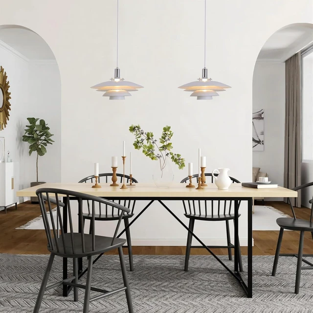 Alt view image 6 of 7 - FCTWAKS Mid Century Modern Pendant Light, 15" Nordic Hanging Ceiling Light Fixture with 4-Tier Metal Shade, E26 Base, Vintage Pendant Lamp for Kitchen Island, Dining Room White