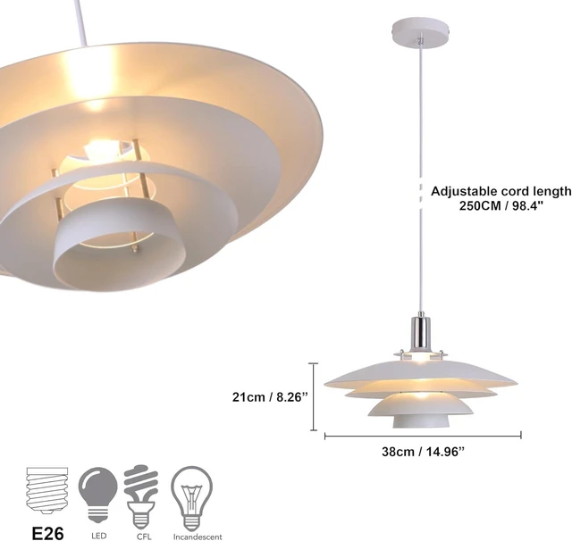 Alt view image 3 of 7 - FCTWAKS Mid Century Modern Pendant Light, 15" Nordic Hanging Ceiling Light Fixture with 4-Tier Metal Shade, E26 Base, Vintage Pendant Lamp for Kitchen Island, Dining Room White