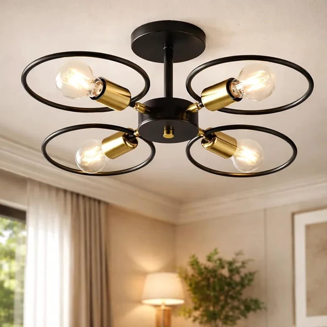 Main image of Modern Black and Gold Ceiling Light, 4-Light Adjustable Angle Metal Fixture with E26 Base for Bedroom, Living Room, Dining Room