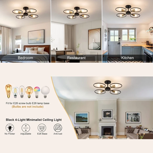 Alt view image 4 of 7 - Modern Black and Gold Ceiling Light, 4-Light Adjustable Angle Metal Fixture with E26 Base for Bedroom, Living Room, Dining Room