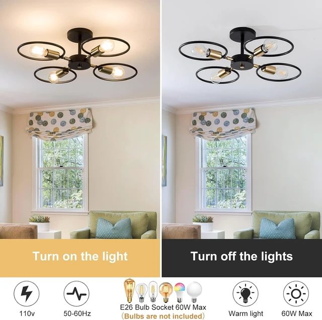 Alt view image 5 of 7 - Modern Black and Gold Ceiling Light, 4-Light Adjustable Angle Metal Fixture with E26 Base for Bedroom, Living Room, Dining Room