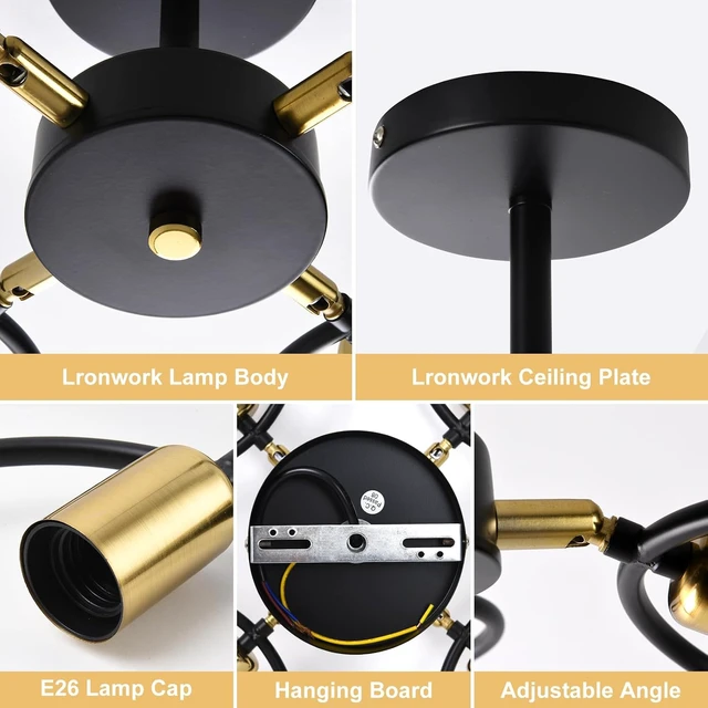 Alt view image 6 of 7 - Modern Black and Gold Ceiling Light, 4-Light Adjustable Angle Metal Fixture with E26 Base for Bedroom, Living Room, Dining Room