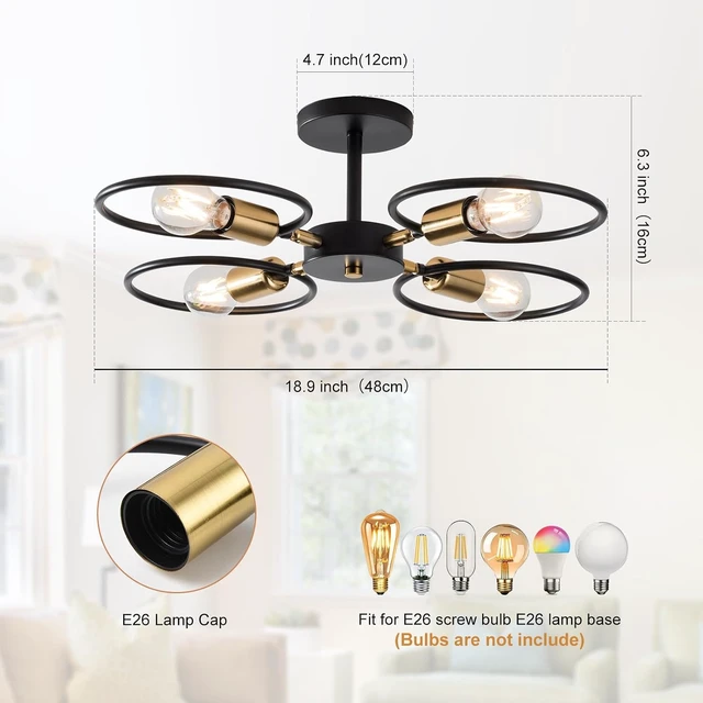 Alt view image 3 of 7 - Modern Black and Gold Ceiling Light, 4-Light Adjustable Angle Metal Fixture with E26 Base for Bedroom, Living Room, Dining Room
