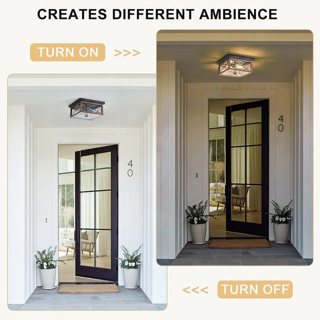 Alt view image 2 of 7 - Motion Sensor Outdoor Flush Mount Ceiling Light, Industrial Glass Rustic Wood-Like Finish 2-Light Ceiling Lamp for Porch, Entryway, Garage, Timer and Sensitivity Adjustable