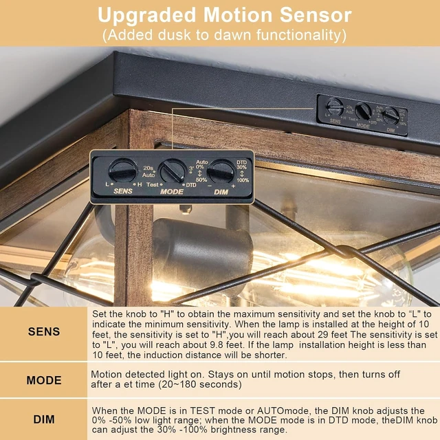 Alt view image 3 of 7 - Motion Sensor Outdoor Flush Mount Ceiling Light, Industrial Glass Rustic Wood-Like Finish 2-Light Ceiling Lamp for Porch, Entryway, Garage, Timer and Sensitivity Adjustable