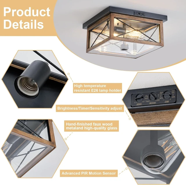 Alt view image 6 of 7 - Motion Sensor Outdoor Flush Mount Ceiling Light, Industrial Glass Rustic Wood-Like Finish 2-Light Ceiling Lamp for Porch, Entryway, Garage, Timer and Sensitivity Adjustable