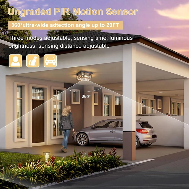 Alt view image 7 of 7 - Motion Sensor Outdoor Flush Mount Ceiling Light, Industrial Glass Rustic Wood-Like Finish 2-Light Ceiling Lamp for Porch, Entryway, Garage, Timer and Sensitivity Adjustable