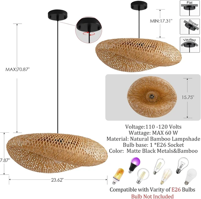 Alt view image 2 of 7 - 23.6" Bamboo Pendant Light,Woven Rattan Chadelier