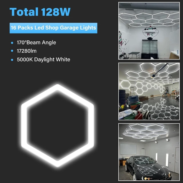 Alt view image 2 of 7 - ALLYES Hexagon Garage Lights Dimmable Hex Shop Lights 6500K 17280LM 128W, Brightness Adjustable Led Ceiling Lights for Shop Garage Gym Workshop Basement