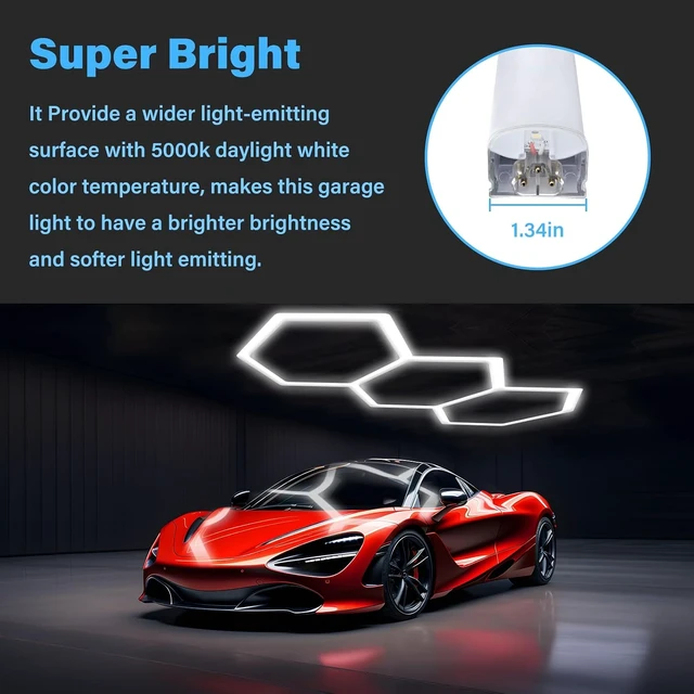 Alt view image 3 of 7 - ALLYES Hexagon Garage Lights Dimmable Hex Shop Lights 6500K 17280LM 128W, Brightness Adjustable Led Ceiling Lights for Shop Garage Gym Workshop Basement
