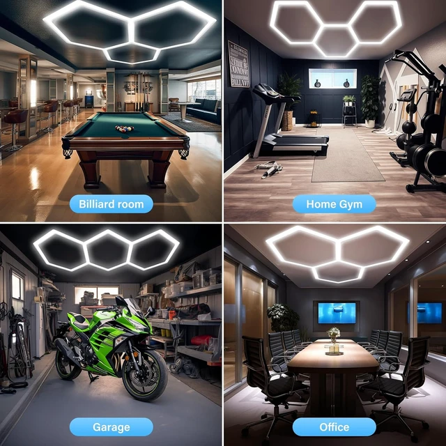 Alt view image 6 of 7 - ALLYES Hexagon Garage Lights Dimmable Hex Shop Lights 6500K 17280LM 128W, Brightness Adjustable Led Ceiling Lights for Shop Garage Gym Workshop Basement
