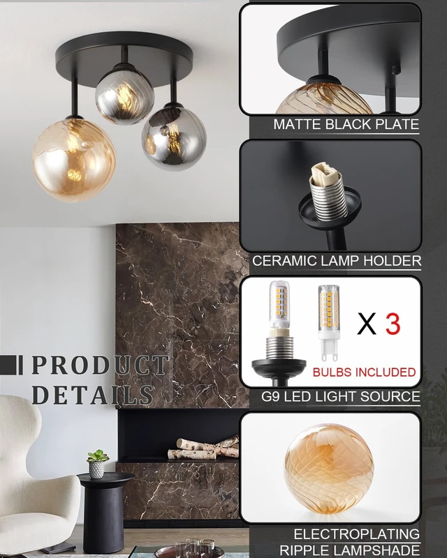 Alt view image 3 of 7 - ANYLOVE Modern Chandelier 3-Light Industrial Ceiling Lights Fixture 12" Black Semi Flush Mount Ceiling Light with G9 Base Lights Fixture for Dining Room Bedroom Foyer Hallway Living Room