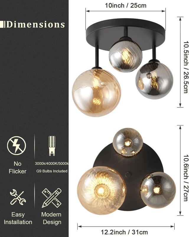 Alt view image 4 of 7 - ANYLOVE Modern Chandelier 3-Light Industrial Ceiling Lights Fixture 12" Black Semi Flush Mount Ceiling Light with G9 Base Lights Fixture for Dining Room Bedroom Foyer Hallway Living Room