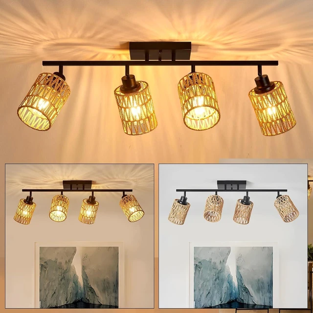 Main image of 4 Light E26 Track Lighting Fixtures Ceiling Rattan Farmhouse Boho Ceiling Track Lighting, Directional Rotatable Modern Track Ceiling Light Fixtures for Kitchen Bedroom Hallway Porch Foyer