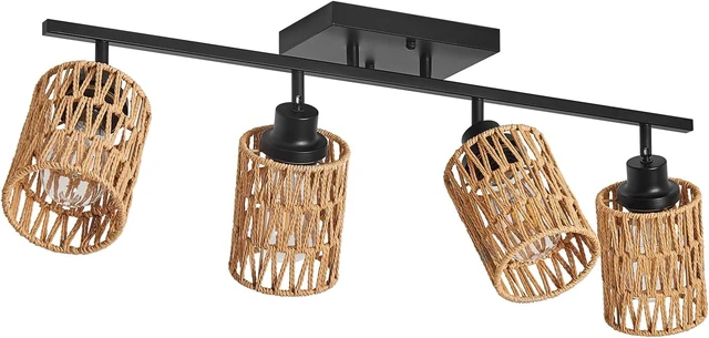 Alt view image 2 of 7 - 4 Light E26 Track Lighting Fixtures Ceiling Rattan Farmhouse Boho Ceiling Track Lighting, Directional Rotatable Modern Track Ceiling Light Fixtures for Kitchen Bedroom Hallway Porch Foyer