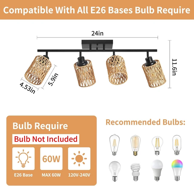 Alt view image 3 of 7 - 4 Light E26 Track Lighting Fixtures Ceiling Rattan Farmhouse Boho Ceiling Track Lighting, Directional Rotatable Modern Track Ceiling Light Fixtures for Kitchen Bedroom Hallway Porch Foyer