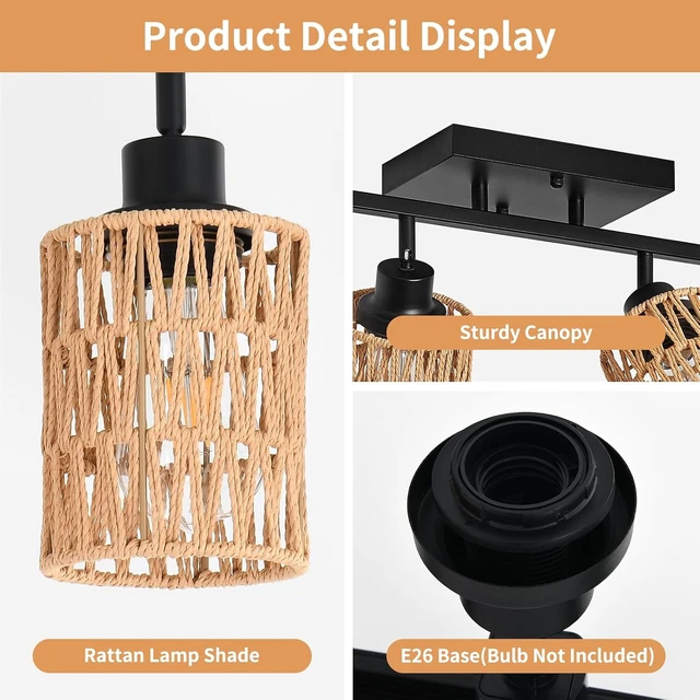 Alt view image 4 of 7 - 4 Light E26 Track Lighting Fixtures Ceiling Rattan Farmhouse Boho Ceiling Track Lighting, Directional Rotatable Modern Track Ceiling Light Fixtures for Kitchen Bedroom Hallway Porch Foyer