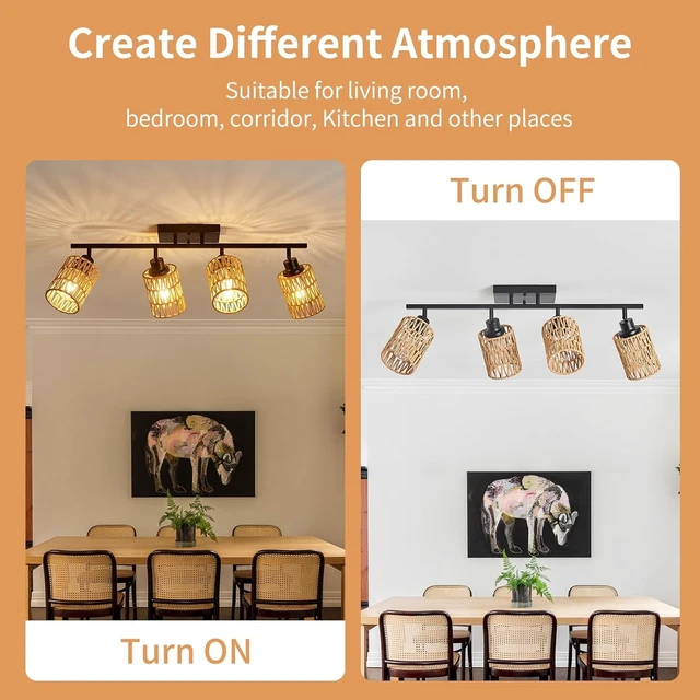Alt view image 5 of 7 - 4 Light E26 Track Lighting Fixtures Ceiling Rattan Farmhouse Boho Ceiling Track Lighting, Directional Rotatable Modern Track Ceiling Light Fixtures for Kitchen Bedroom Hallway Porch Foyer
