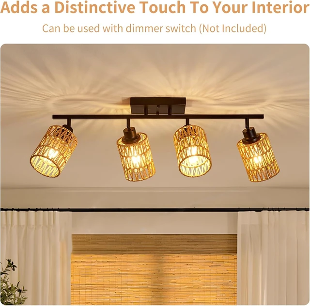 Alt view image 6 of 7 - 4 Light E26 Track Lighting Fixtures Ceiling Rattan Farmhouse Boho Ceiling Track Lighting, Directional Rotatable Modern Track Ceiling Light Fixtures for Kitchen Bedroom Hallway Porch Foyer